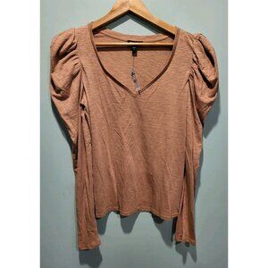 New Express Tan Lightweight Gigot Mutton Sleeve V Neck Top Sz M